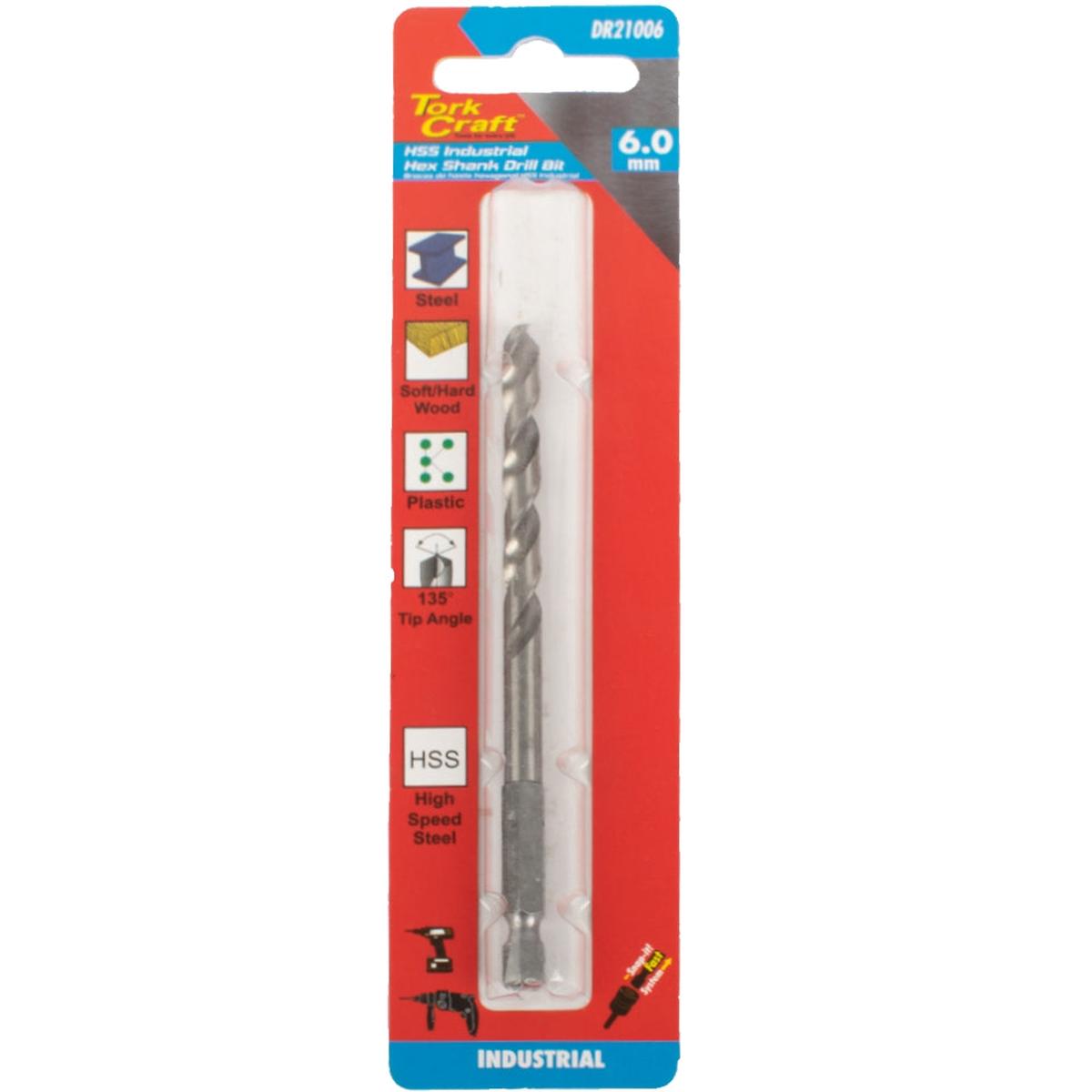 Special - Tork Craft Drill Hss 6.0Mm 135Deg 1/Card Hex Shank Industrial Bit