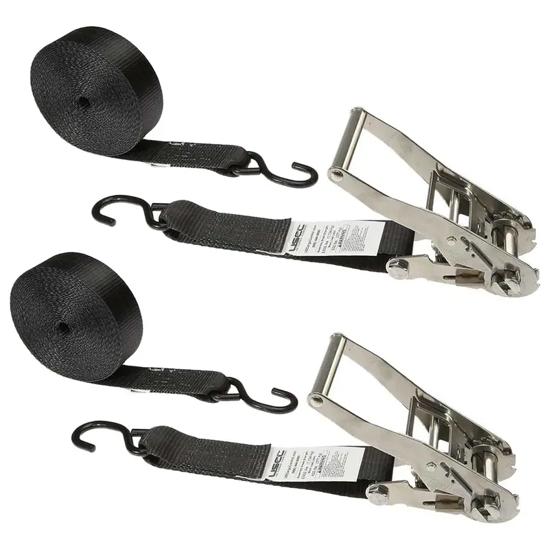 2" x 8' Ratchet Strap with Vinyl Coated S-Hooks | Black | 2-Pack
